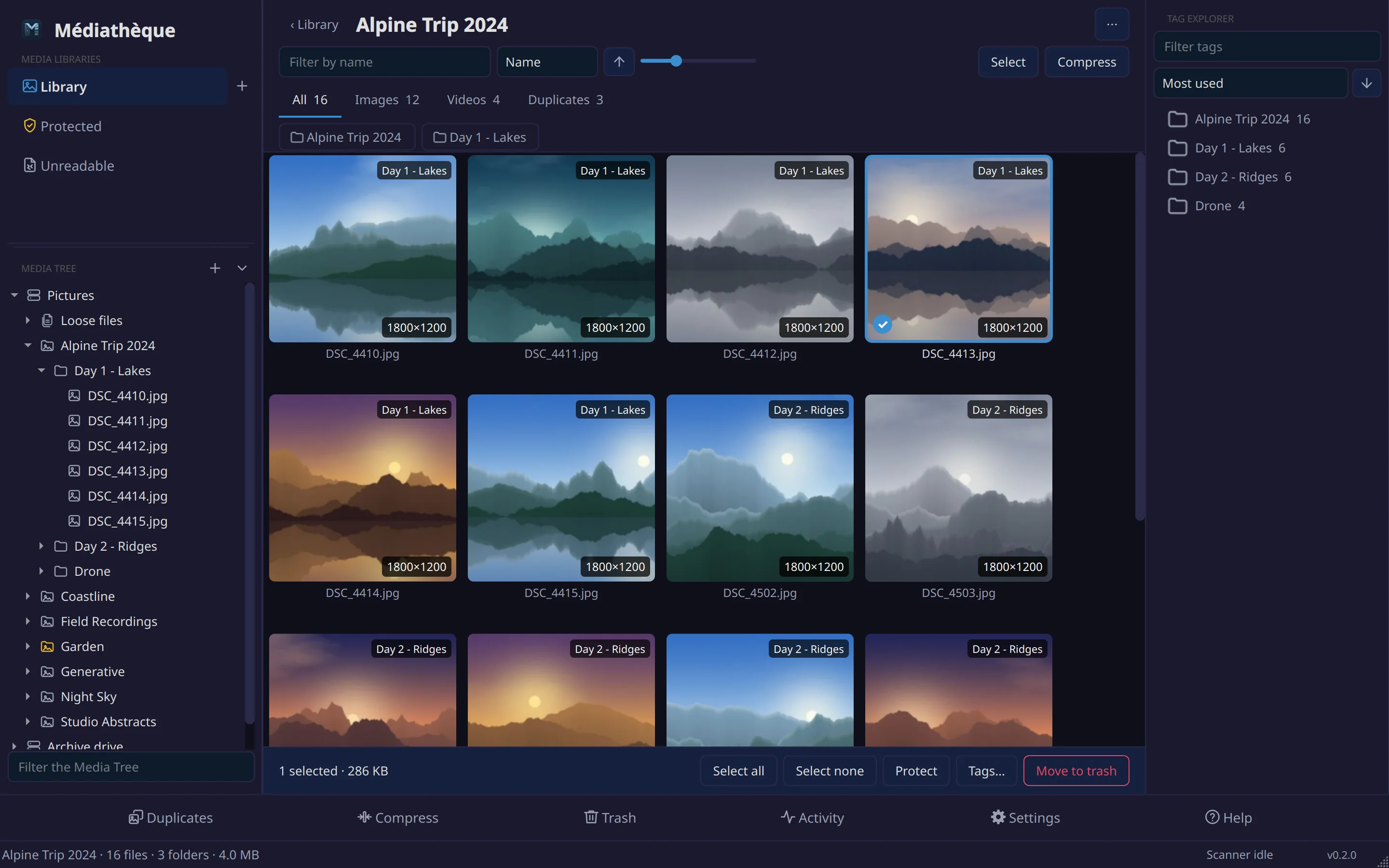 A collection open in the Media Browser: tabs for all files, images, videos and duplicates, a grid of landscape photos, and the Tag Explorer listing folder tags on the right.